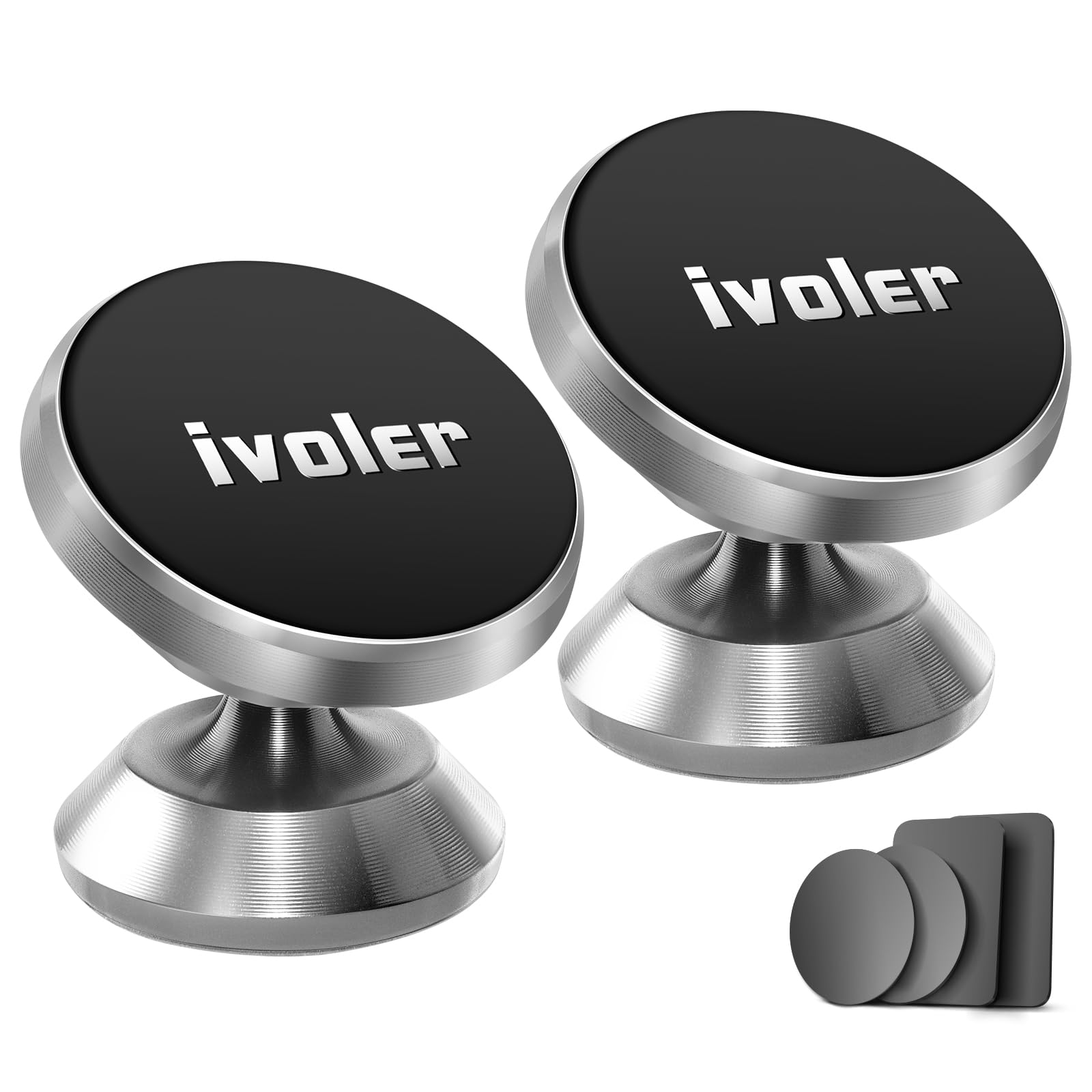 ivoler [2-Pack Magnetic Car Phone Holder – Ultra-Compact Mount with Strong N52 Magnets, 360° Rotation, Hands-Free Cradle for iPhone, Samsung, Pixel & More (Metal Plate Required) - Silver