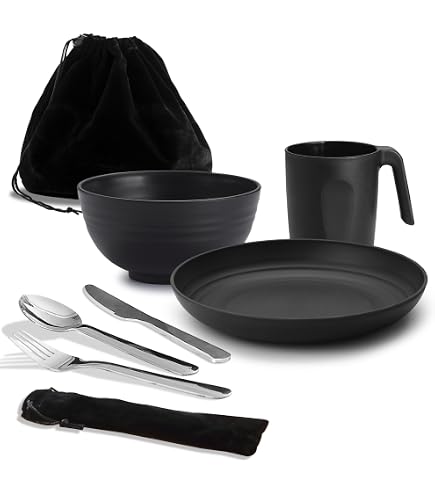 Set Tableware Camping Métal – Assiettes, Bols, Chopsticks, Cuillères Inox – Kit Vaisselle Portable Pour Randonnée, Backpack, Picnic – Sac De Transport Inclus