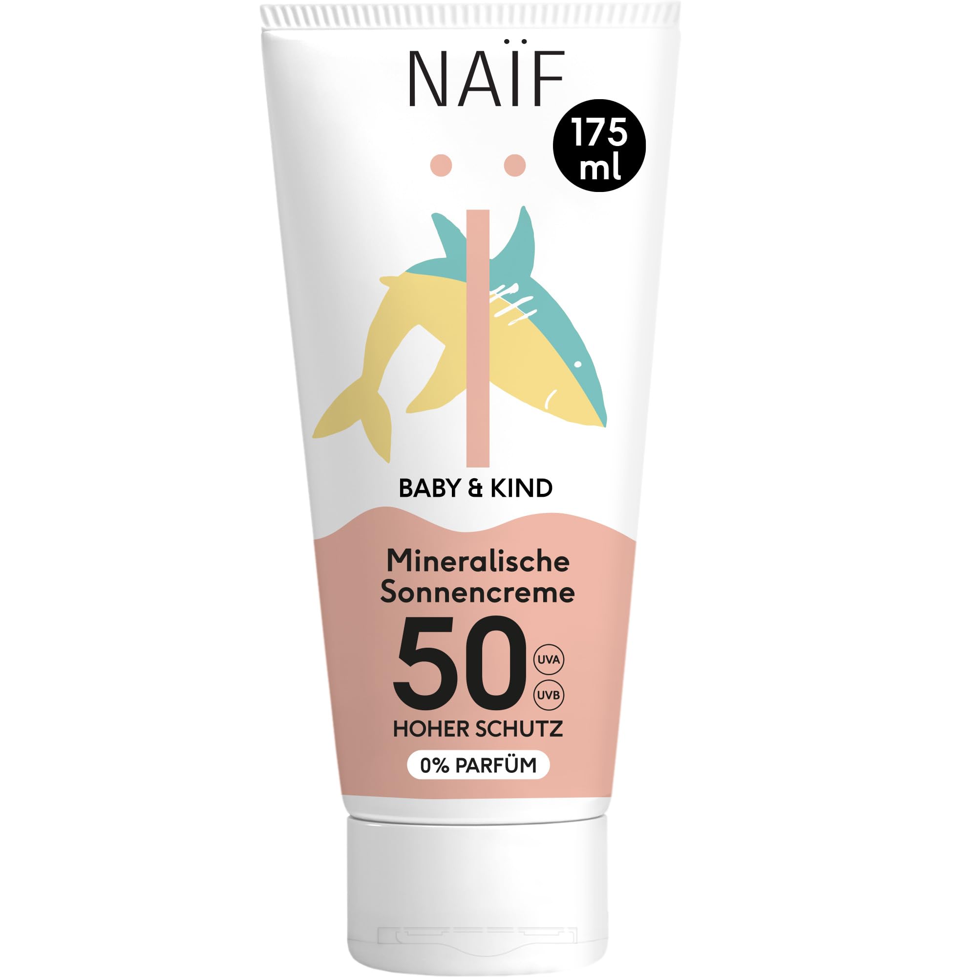 Naïf Sonnencreme für Baby & Kinder, LSF 50- Mineralischer Sonnenschutz mit Zinkoxid- Dermatologisch Getestet- Ohne Mikroplastik- Wasserresistent, 0% Parfüm, für empfindliche Haut- 175ml
