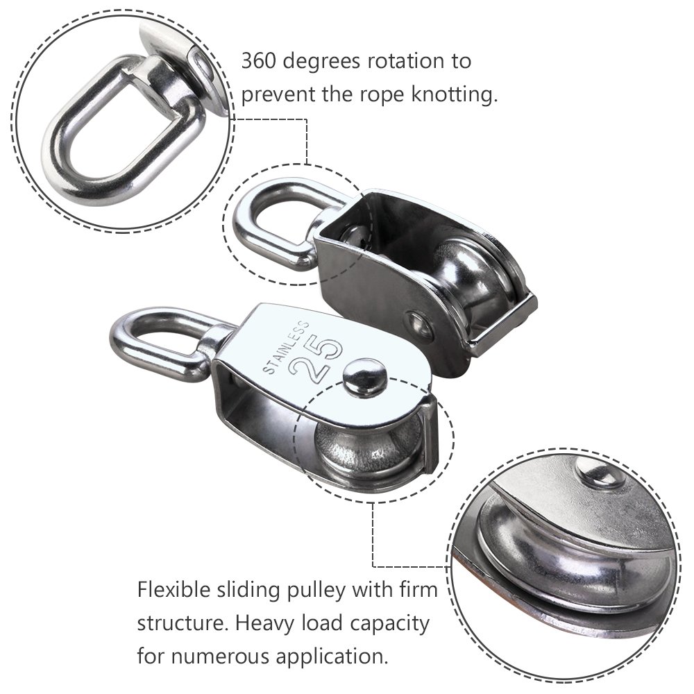 2Pcs M25 Silver Single Pulley Block 304 Stainless Steel Single Wheel Wirerope Traction Trolley Crane Swivel Hook Pulley Roller Loading 150kg(M25)