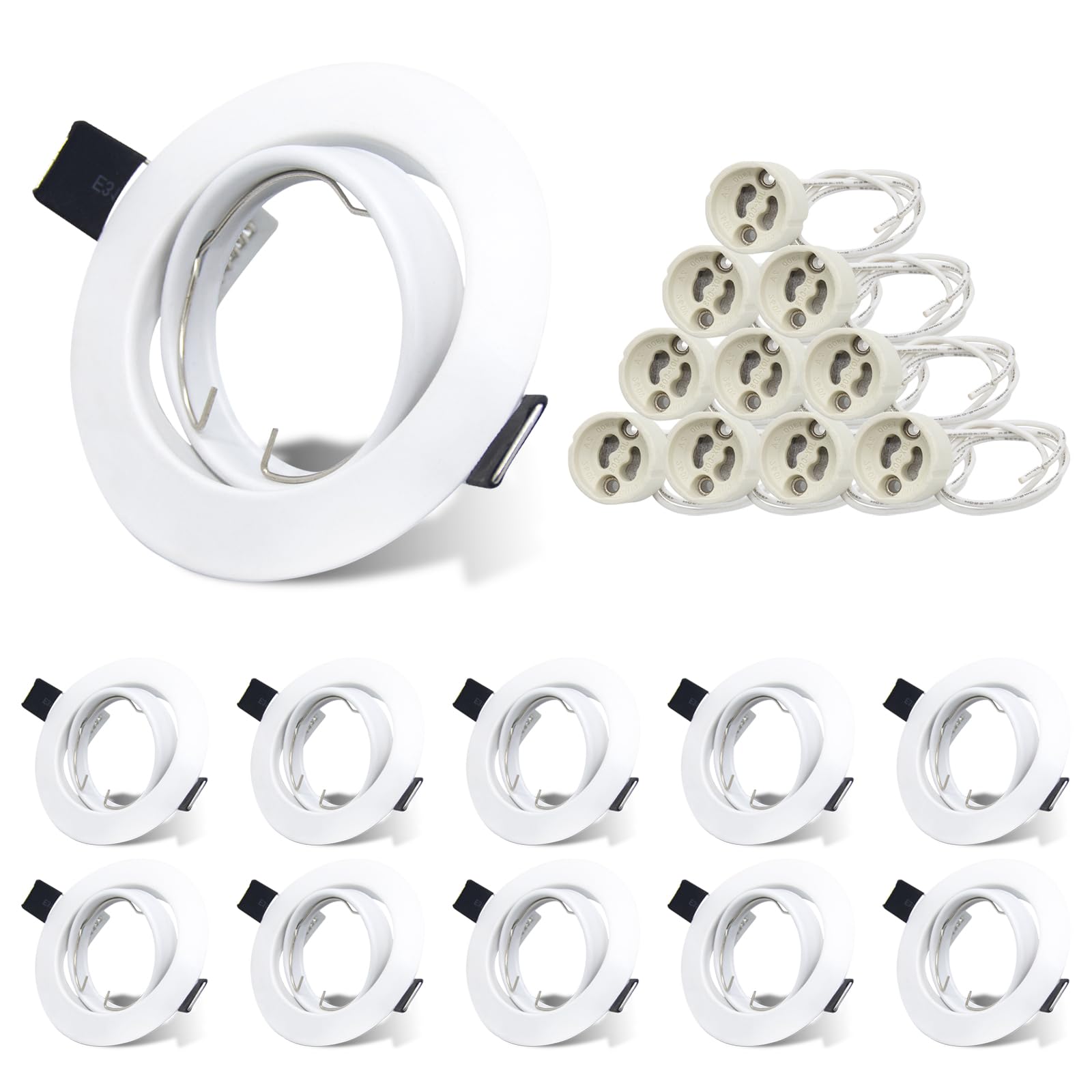 Allesgute 10x GU10 Downlights for Ceiling Round Matt White Finish Metal Frame for Recessed Ceiling Lights 30° Tilt Swivel Spotlight Fittings 240V, Outer Diameter: 90mm, Cutout Ø68-85mm, No Bulbs