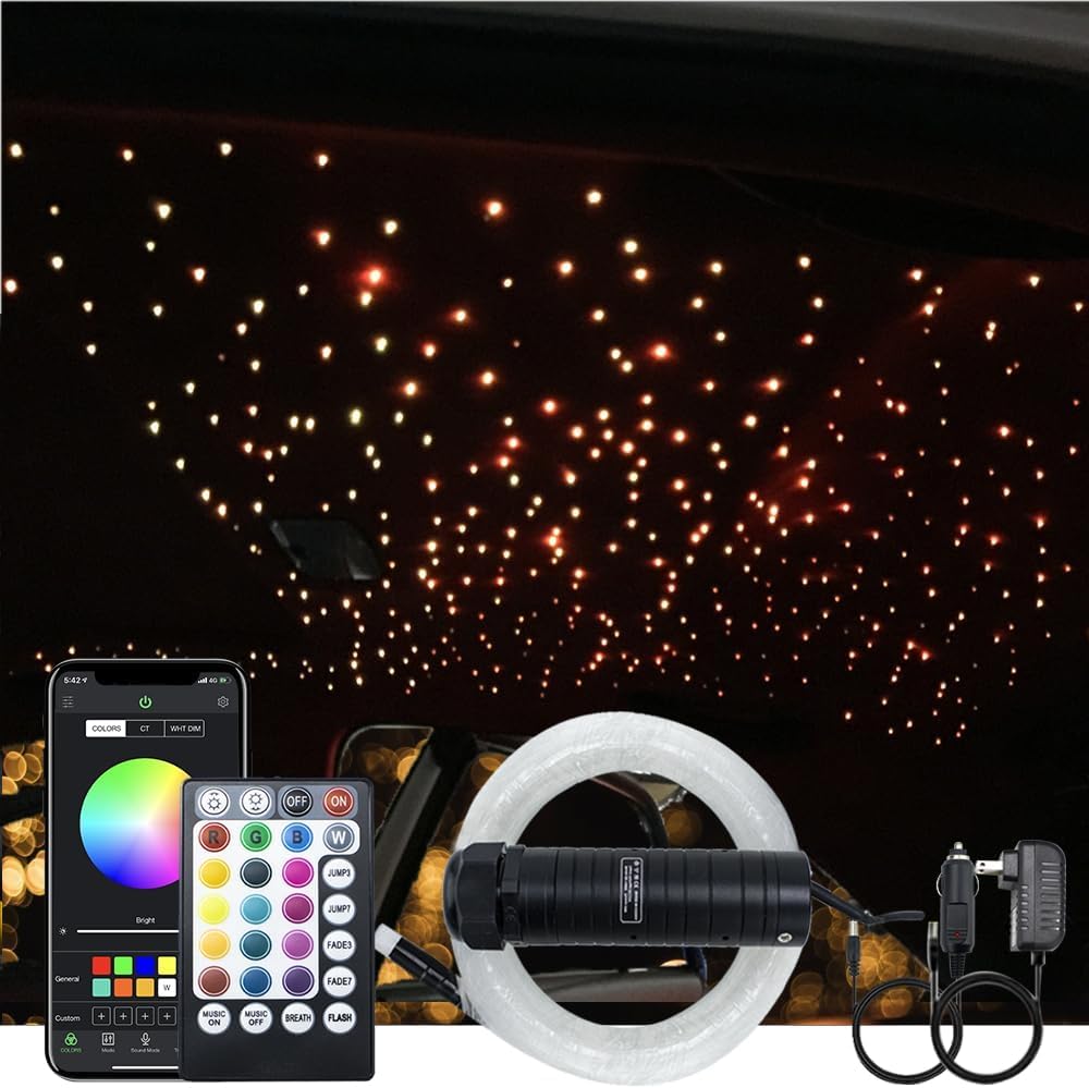 Callsky 6W Car Home Use Remote Control Bluetooth LED Fiber Optic RGBW APP Music+Optical Fiber Cable 150pcs 6.5ft/0.03 in Fiber Optic Lights Kit with Adapter+Cigarette Lighter
