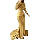Jamille Long Sleeve Satin Prom Dress for Women Formal Mermaid Evening Gowns with Train Sparkly Ruched Mock Neck JA0175
