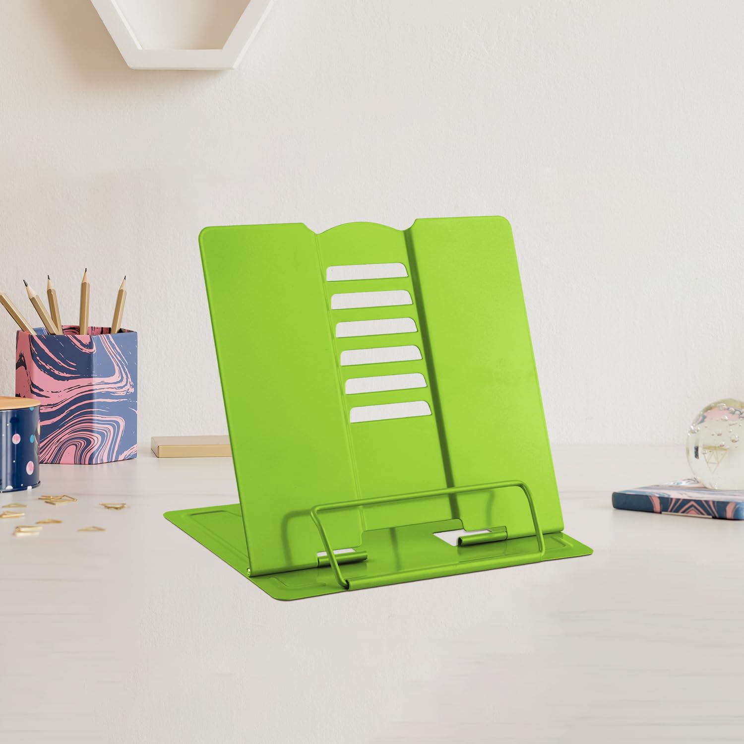 Mini Metal Book Holder - Lightweight, Adjustable, Portable Cook Book & Tablet Stands (Green)