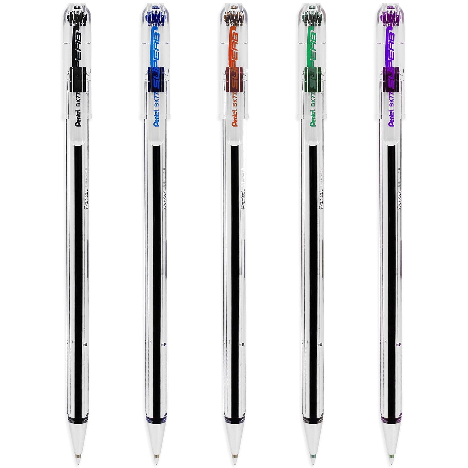 PENTEL SUPERB BK77 PACK OF 5 - BLACK, BLUE, RED, GREEN, VIOLET BALL POINT PENS. 0.7mm TIP