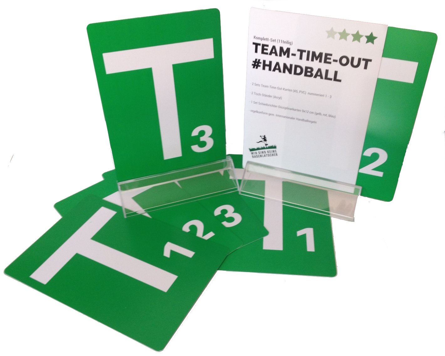 Handball team time-out board, complete set with 6 green cards in A5, PVC with rounded corners, numbered from 1 to 3 according to handball rules, matching acrylic table stands and referee cards
