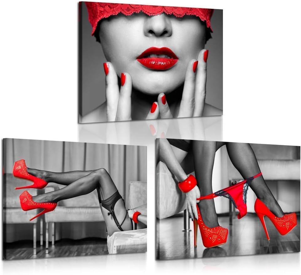 iKNOW FOTO 3 Piece Black and Red Canvas Prints High Heel Fashion Shoes Digital Canvas Art Print Sexy Woman Lips and Legs Poster Framed Art Work Stretched Ready to Hang for Hotel Bedroom Walls 12x16x3