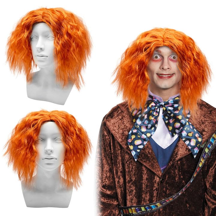UILYNIU Mens Wig Short Curly Orange Ginger Wig Men Boyband Fancy Dress Men Punk Rock Star Wigs 60s 70s 80s Costume Accessories for Party Music Punk Carnival(Orange)