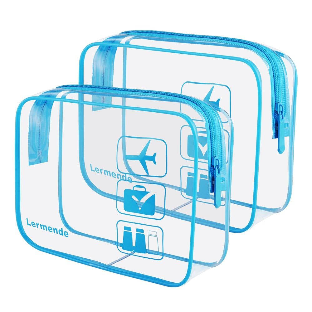 2pcs/Pack Lermende Clear Toiletry Bag TSA Approved Travel Carry On Airport Airline Compliant Bag Quart Sized 3-1-1 Kit Luggage Pouch (Blue)
