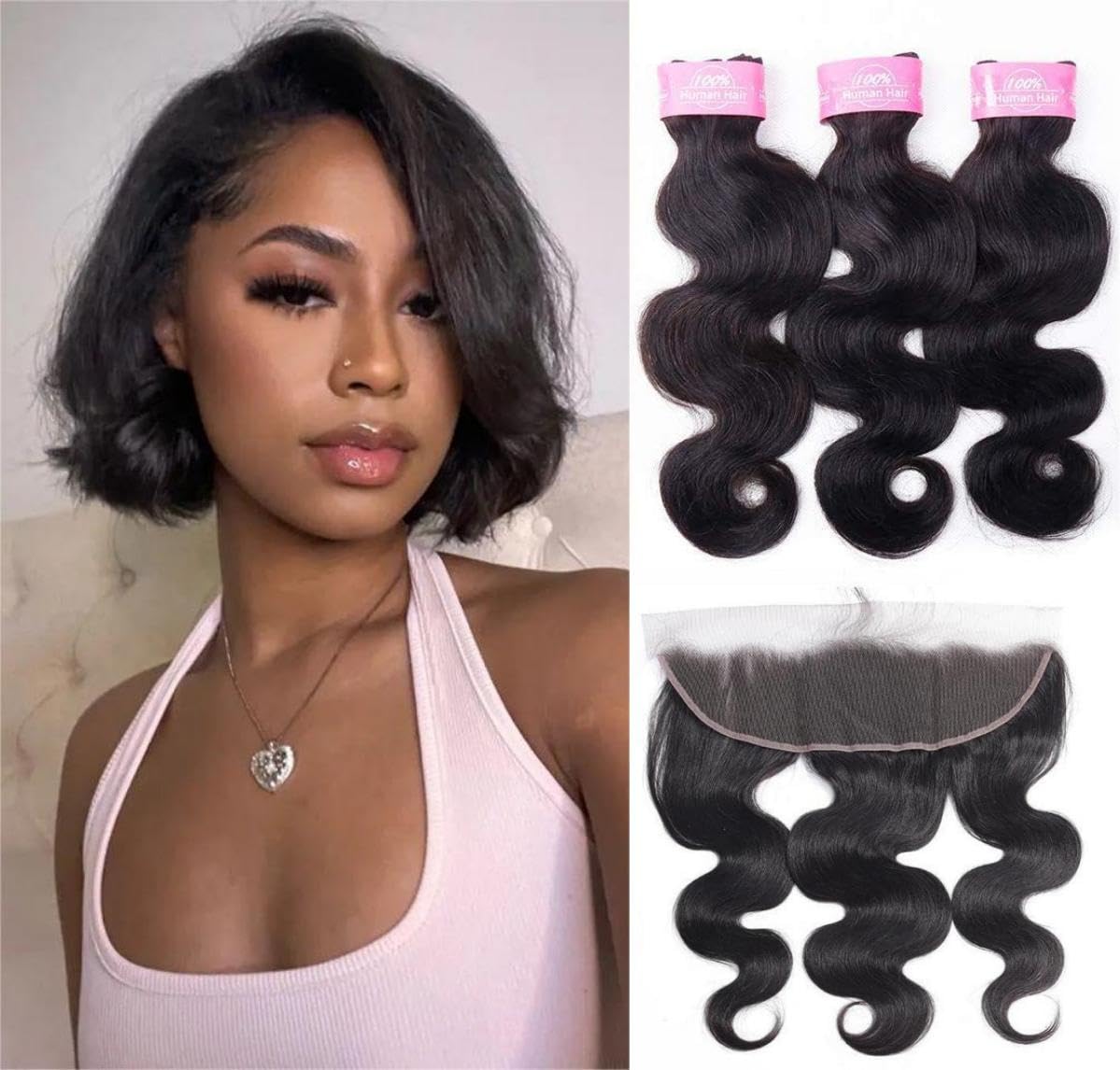 Sexycat Body Wave Bundles with 13x4 HD Lace Frontal Human Hair 10 10 10+10 Inch 100% Unprocessed Brazilian Virgin Hair Extensions Weave Weft Bundles with Lace Frontal — image 1