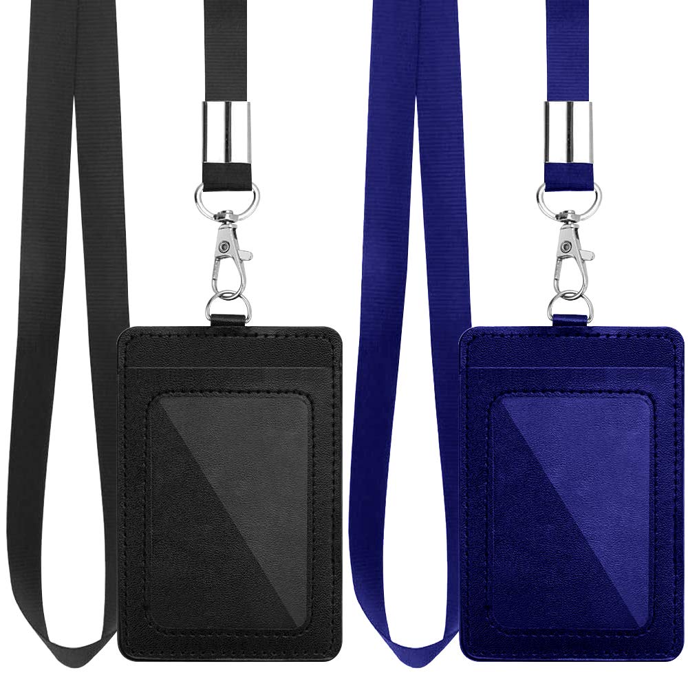 2 pcs Leather ID Badge Holder Vertical, pu Leather id Badge Card Holder Wallet with 18 Inch Detachable Neck Nylon Lanyard for Office, School, Driver Licence (Black, Blue) — image 1