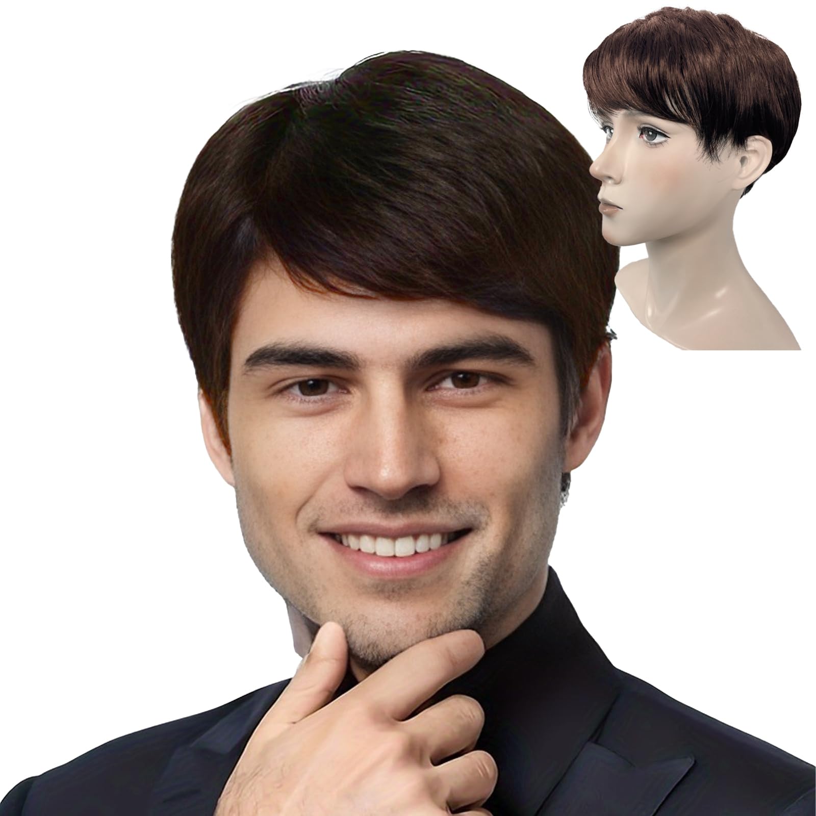 Short brown mens wigs,Replacement wigs for men daily use,Male short wig,Straight wig for men daily costume fancy dress cosplay halloween(Brown)