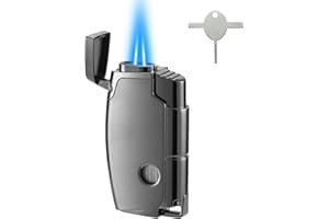 YEULIGO Double Torch Butane Lighter with Punch, Jet Windproof Lighter with Keyhole, Refillable and Adjustable, Great Gift for Men and Women, Sold Without Butane(Black)