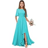 Rlweus Chiffon Junior Bridesmaid Dresses for Teen Girls Short Sleeve Flower Girl Dress for Wedding Guest Formal Dress
