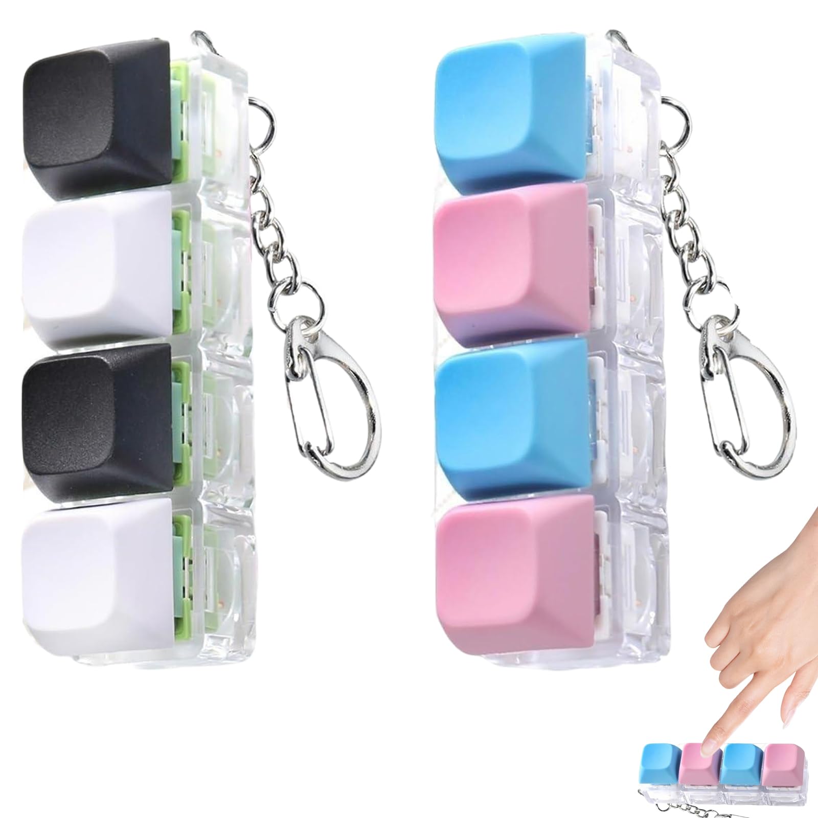 2Pcs Keyboard Fidget Toy for Adults Stress Relief, 4-Button Mechanical Clicker Keychain, Anxiety Relief Gift for Teens, Fidget Keychain for ADHD & Focus(Black White Silent, Blue Pink Regular)