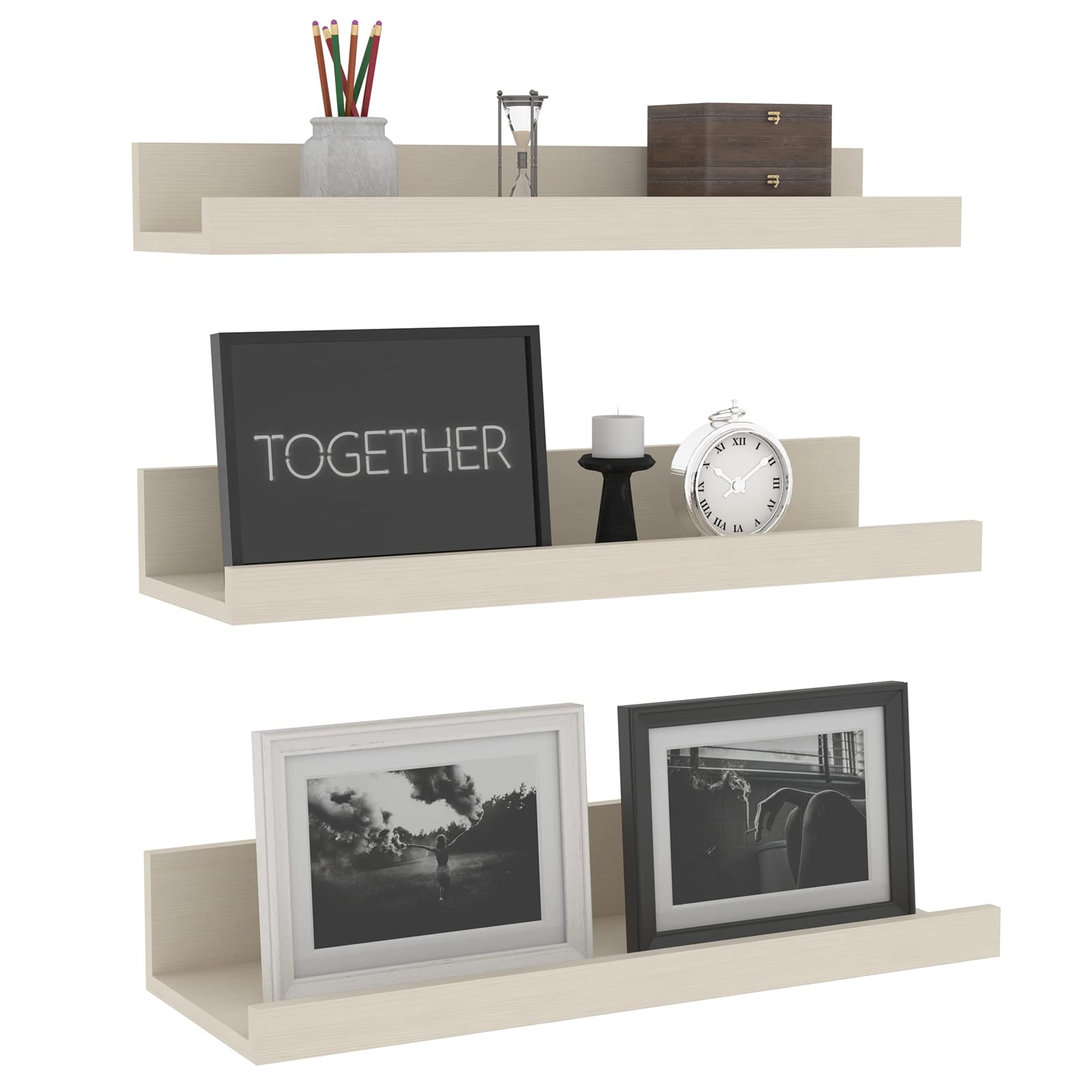 Giftgarden 40cm Floating Shelves Wall Mounted, Creamy White Beige Wood Grain Wooden Ledge Shelf for Bathroom Bedroom Living Room Kitchen Nursery, Set of 3 Different Sizes