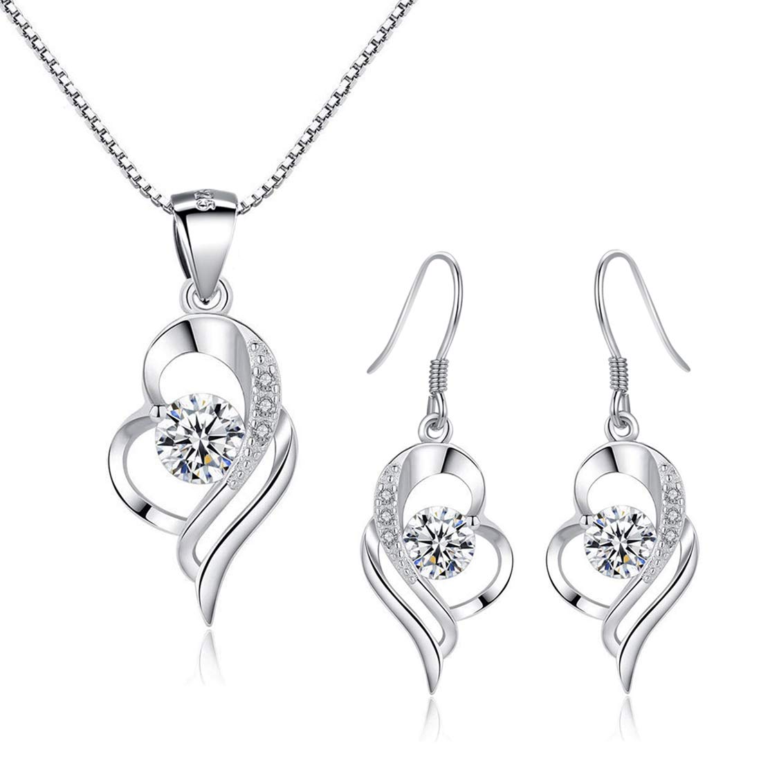 Kamise Silver Jewellery Set for Women, 925 Sterling Silver Women's Jewellery Sets with White Zirconia, Hypoallergenic Heart Pendant Necklace & Hook Dangle Earrings for Girls, Jewelry for Mother's Day