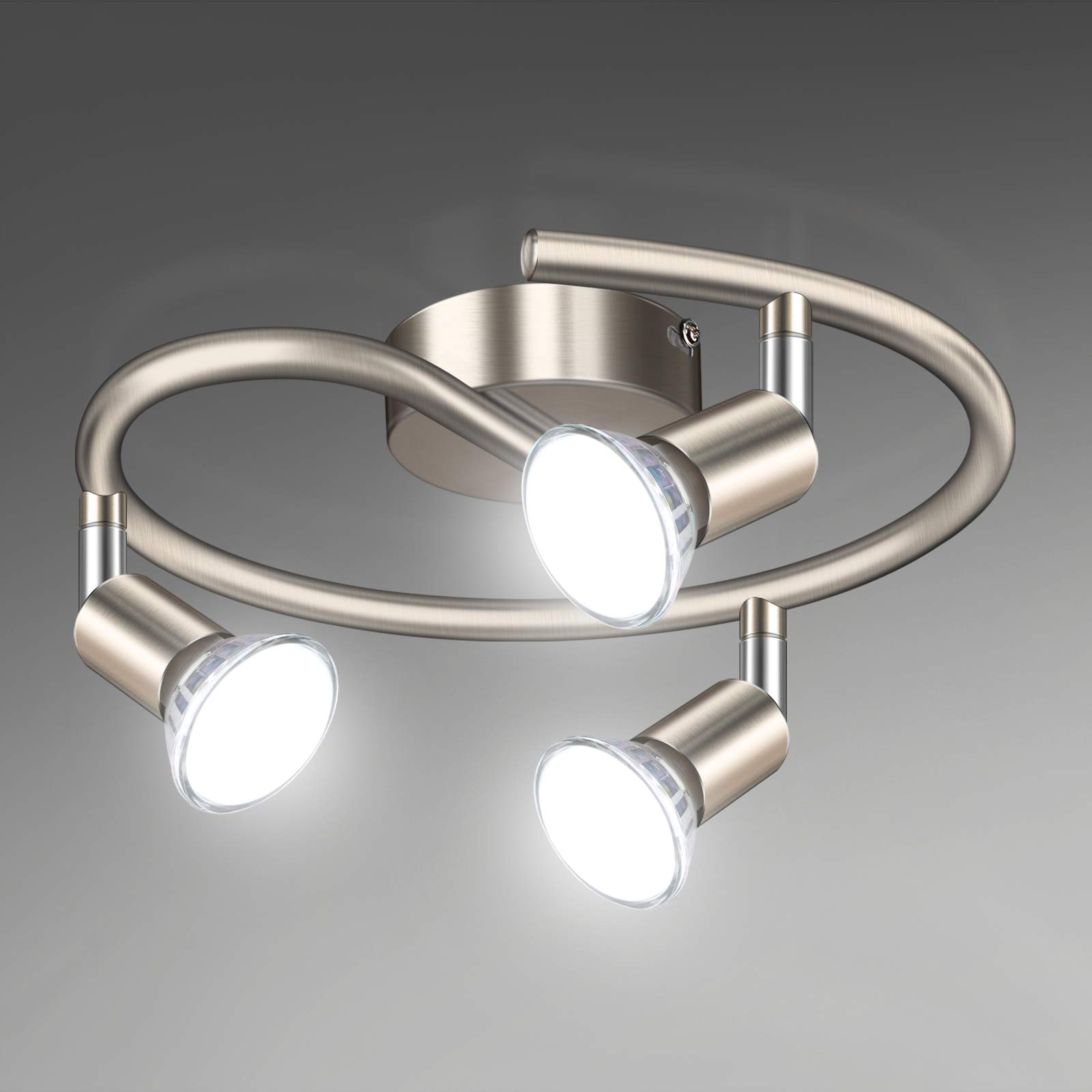 Unicozin Modern Rotatable 3 Way LED Ceiling Spotlight, Matt Nickel & Swivelling Design, Including 3 X 4W GU10 LED Bulbs (450LM, Cool White 6000K), for Bedroom, Living Room, Kitchen, Hallway, Balcony