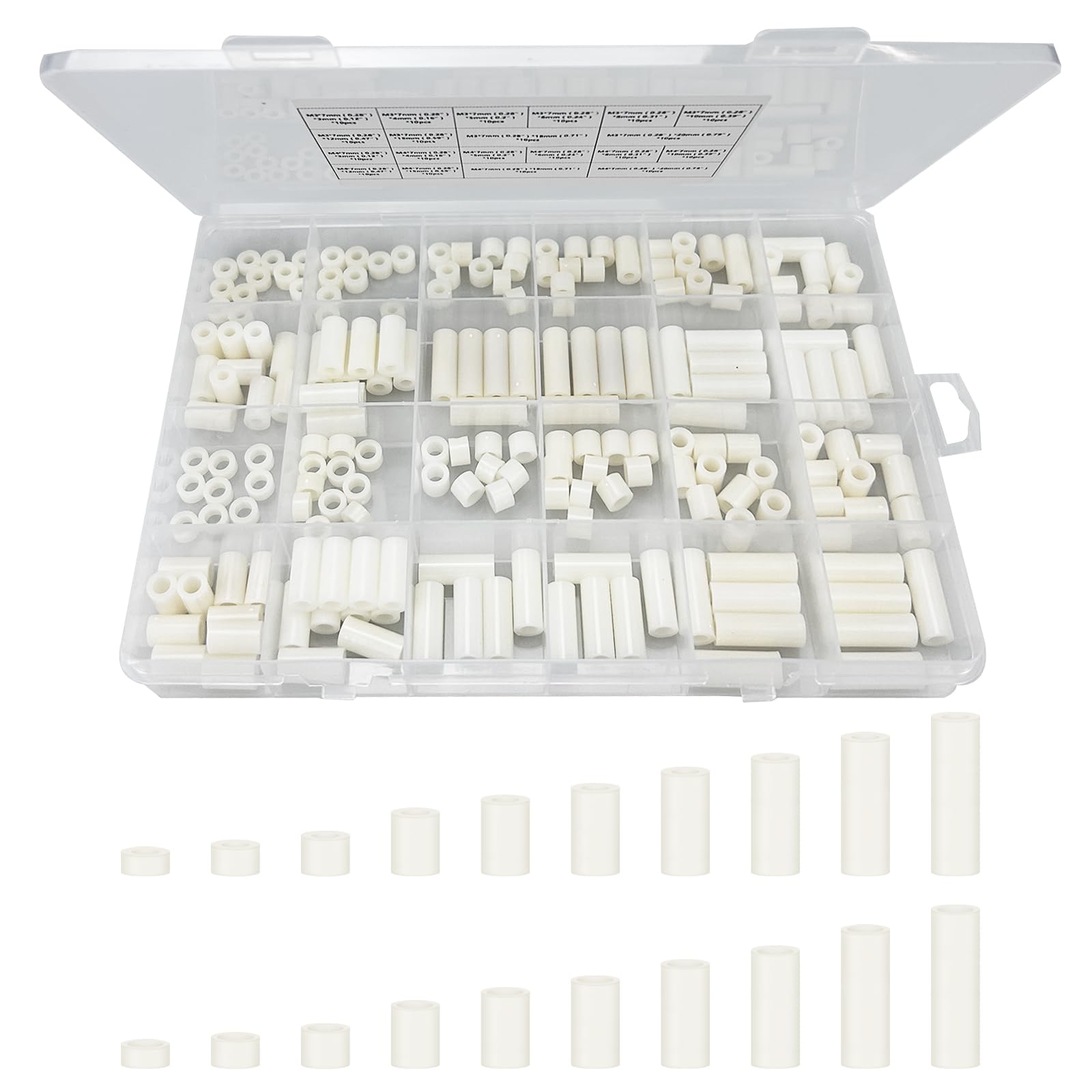 200pcs ABS Round Spacer Washer Assortment Kit White Insulation Spacer for M3,M4 Screws Nylon Column Standoff Support Spacer with Plastic Box（White） — image 1