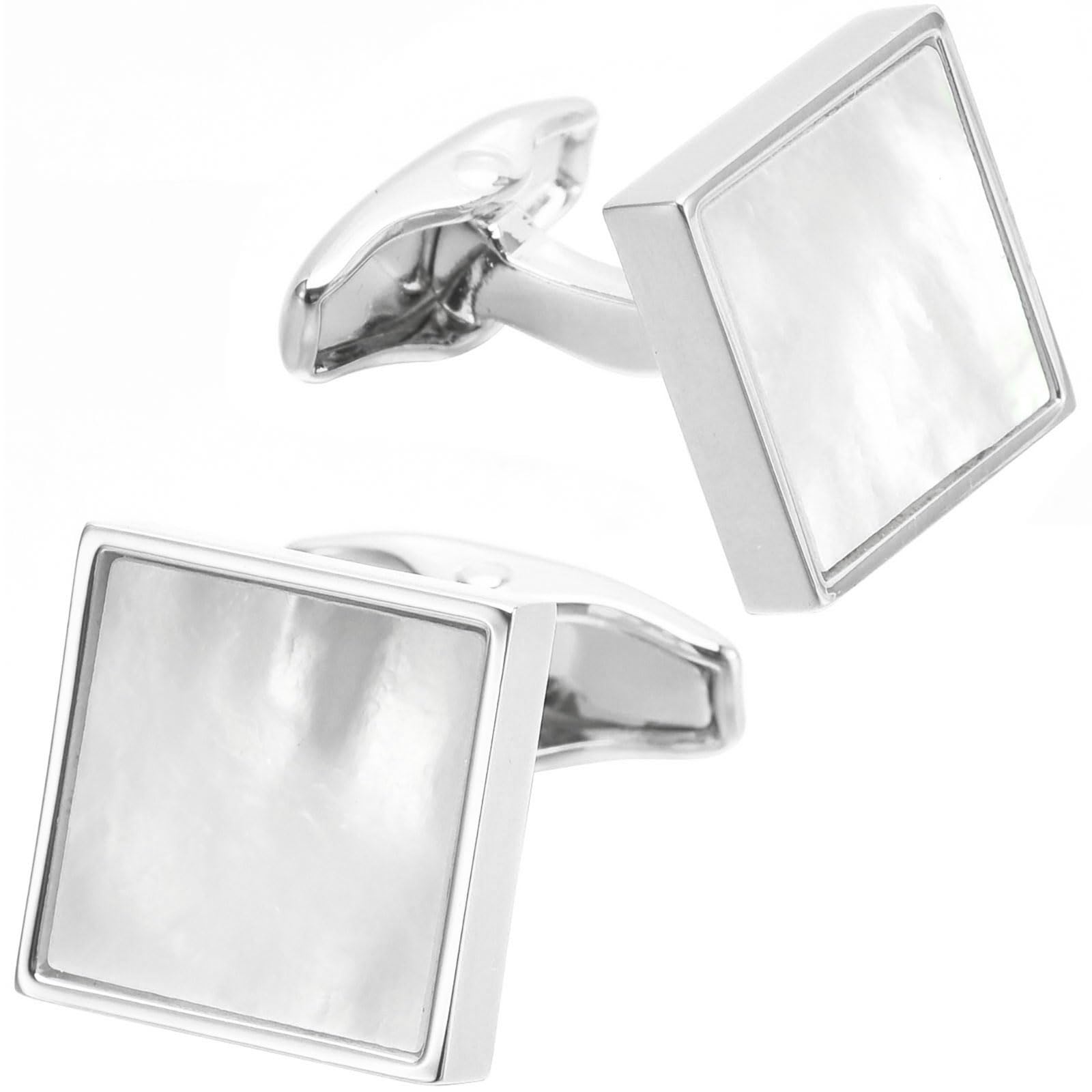 Jonwo Square Mother of Pearl Men Cufflinks and Tie Clip Set Handmade Silver Gold Men Tie Clip Cufflinks Tie Pin for Wedding Business Shirt Necktie (Square Silver Cufflinks)