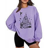 UYIQL Magical Kingdom Sweatshirts for Women Oversized Castle Graphic Pullovers Crewneck Long Sleeve Tops