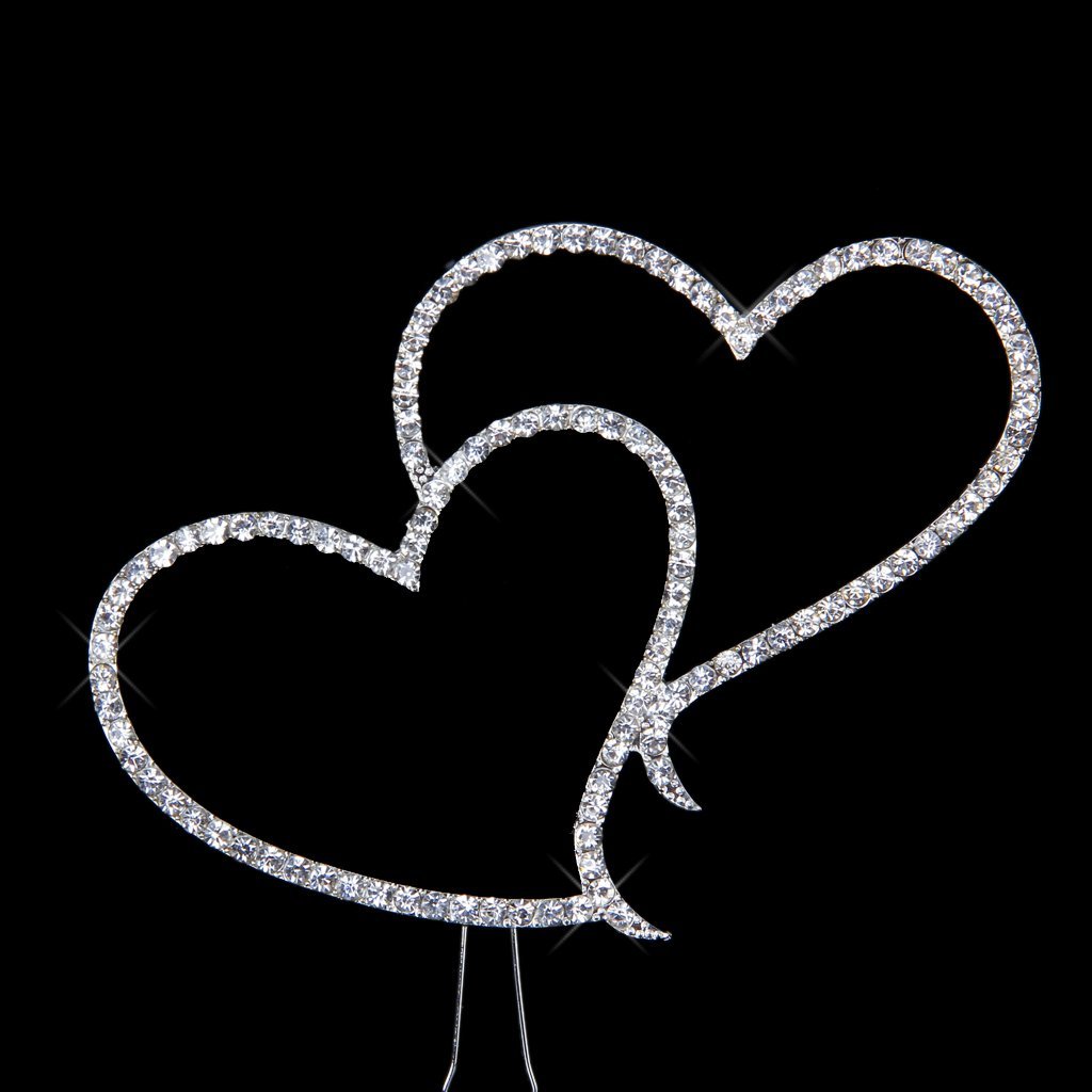 Crystal Rhinestone Silver Wedding Decoration Cake Topper Double Heart Topper