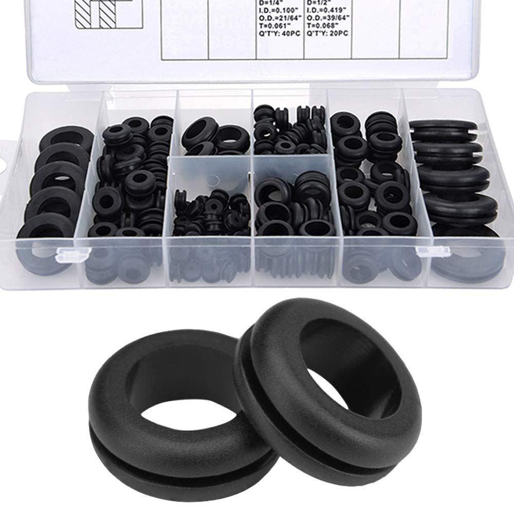 Photo 1 of Wolfride 180Pcs Black NBR Rubber Grommet Assortment Kit - 8 Sizes: 1/4", 5/16", 3/8", 7/16", 1/2", 5/8", 7/8", 1" - Grommet Set