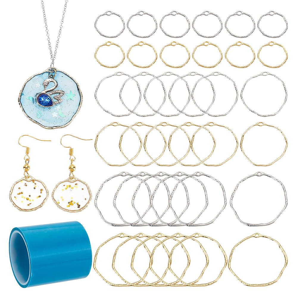 OLYCRAFT 36pcs Ring Open Bezel Charms 3-Size Alloy Frame Pendants Color-Lasting Hollow Resin Frames with Loop with 1 Roll Seamless Paper Tape - Gold & Silver