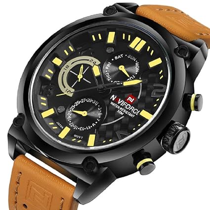 Chronograph Men Watch Leather Strap Military Sports Six Hands Wrist Watch NF9068