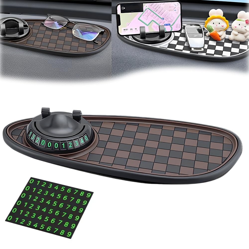Multifunctional Car Anti Slip Pad, Multifunctional Rotatable Phone Holder Car DashboardMat with Temporary Parking Number, Auto Dashboard Organizer for Phone, Sunglass and Keys (Black-Brown)