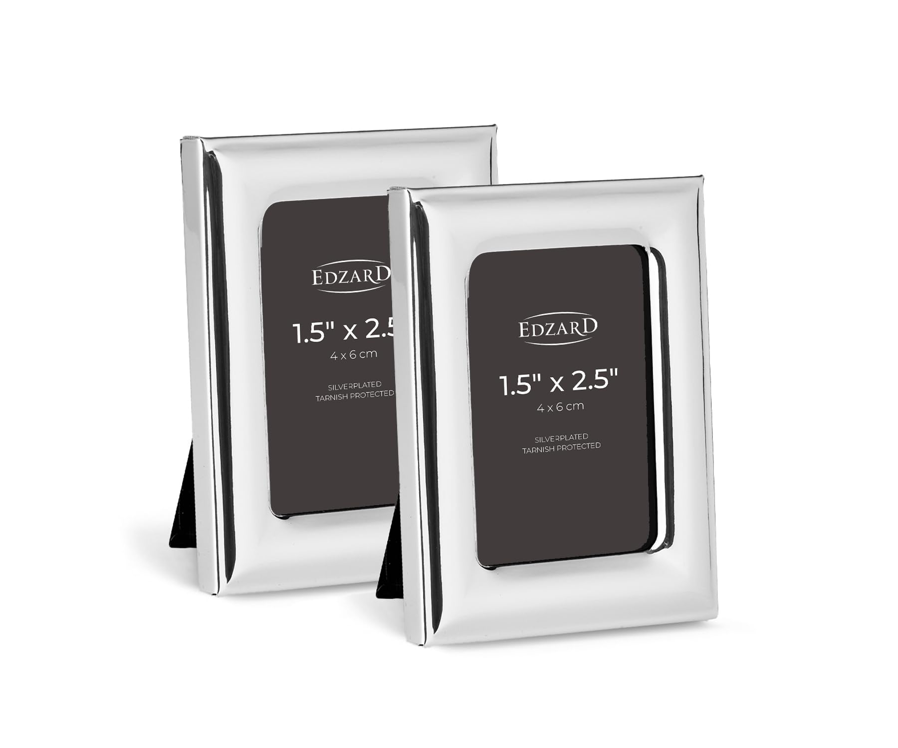 Edzard Set of 2 Silver Plated Photo Frames 1,5" x2,5 (4x6 cm) Adria, Non-Tarnishing, High Gloss Finish, Real Glass Front & Premium Velvet Back, Portrait Display