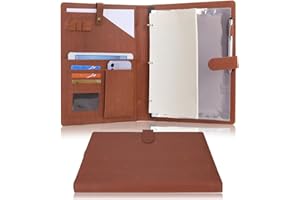 Wonderpool A4 PU Leather Portfolio Holder Ring File Document Case with Removable Binder Clipboard, Multi Pocket and Legal Pad for Business Organizer Interview and Meeting (Brown)