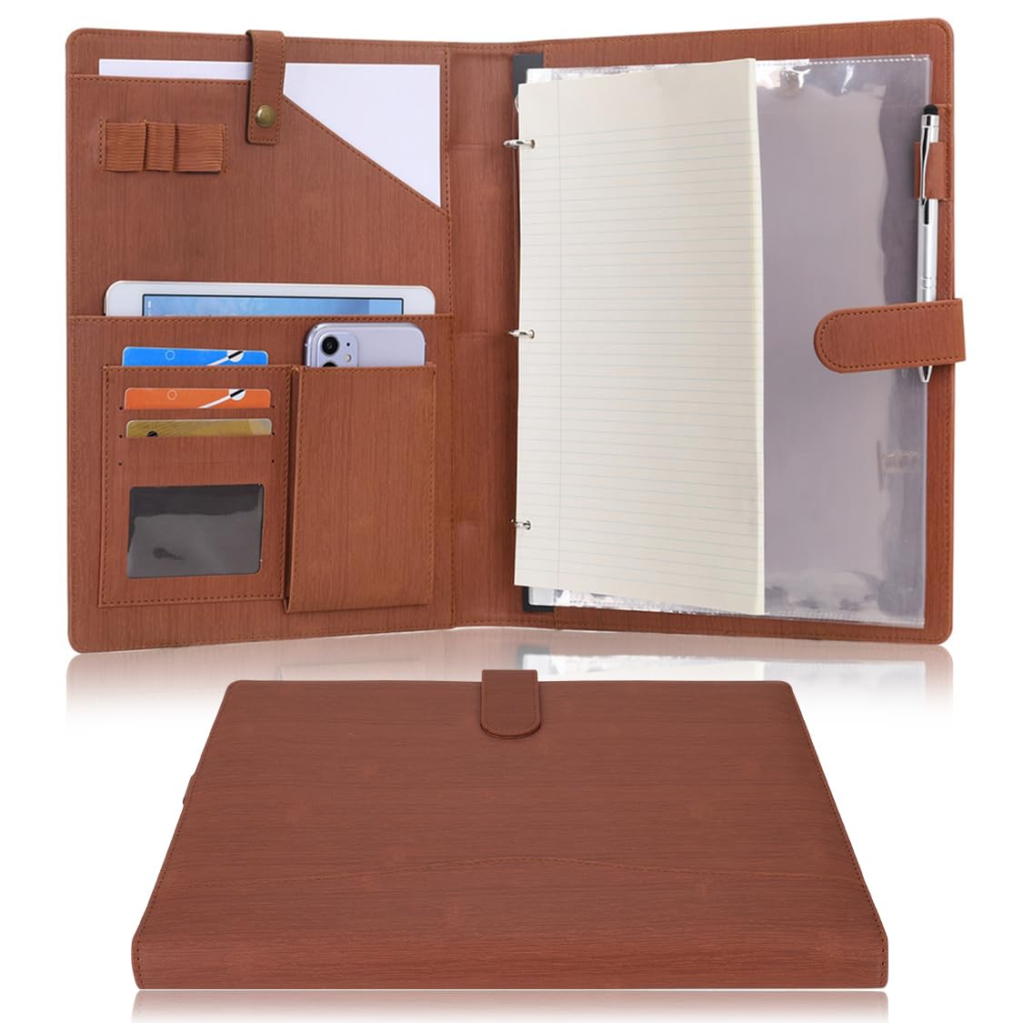 Wonderpool A4 PU Leather Portfolio Holder Ring File Document Case with Removable Binder Clipboard, Multi Pocket and Legal Pad for Business Organizer Interview and Meeting (Brown)