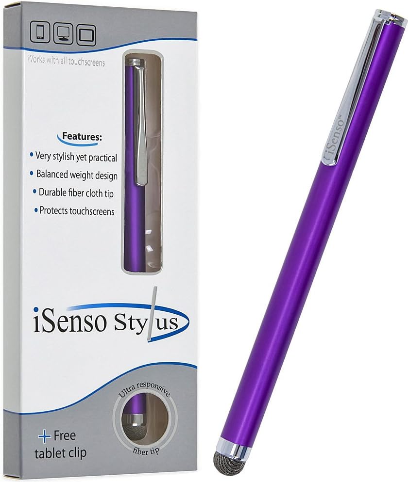 Matt purple iSenso stylus with ultra responsive fiber cloth tip and lightweight balanced design.