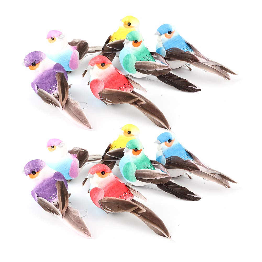 Fdit 12Pcs Cute Artificial Feather Bird Colorful Simulation Foam Bird Plant for Garden Decoration Craft