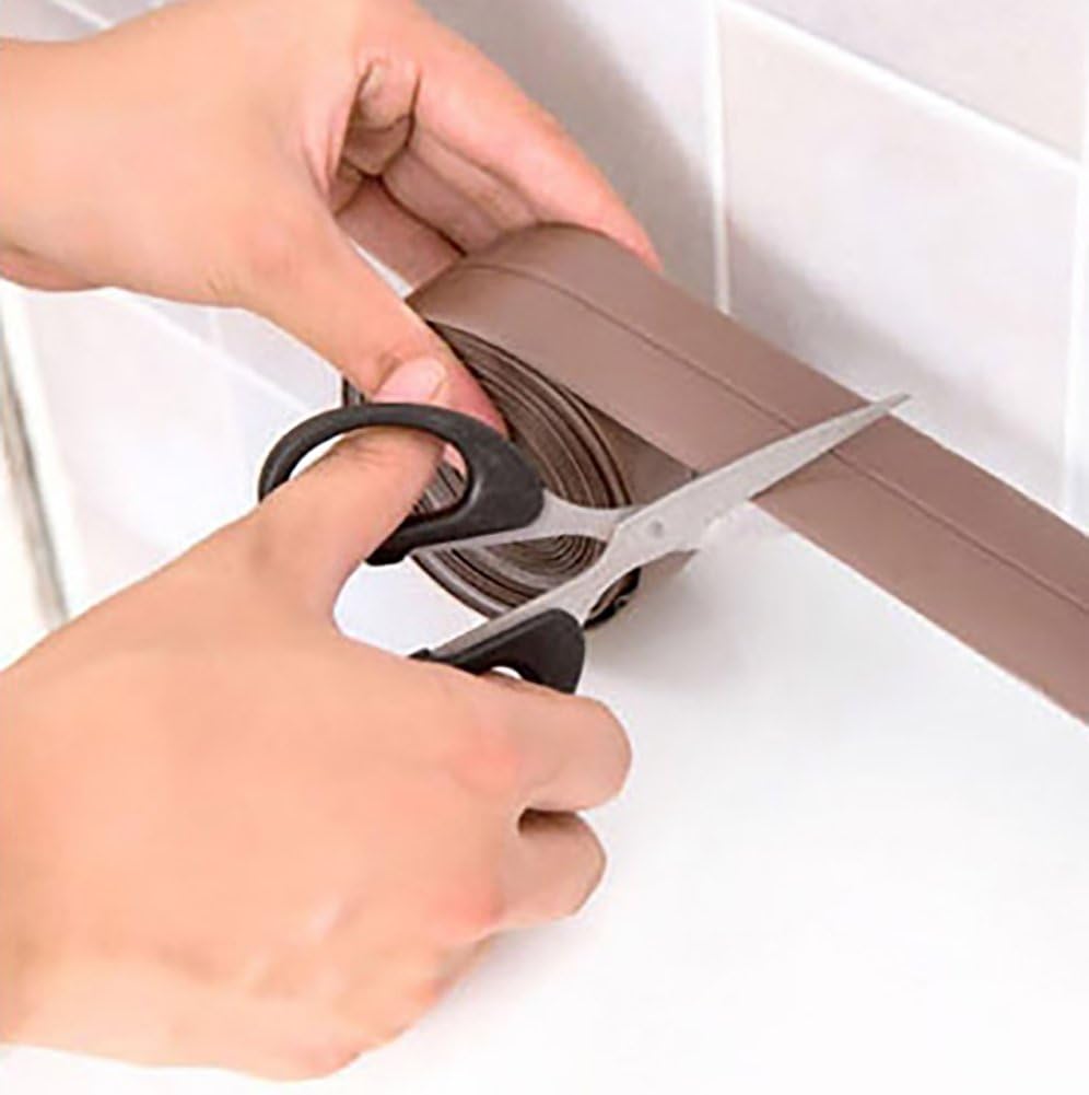 HTgroce Caulk Tape for Bathtub, PVC Self Adhesive Caulk Strip Waterproof Mildew Sealing Tape Wall Floor Edge Protector for Kitchen Countertop, Sink, Toilet, Gas Stove and Bathroom,Brown,11'x0.9"
