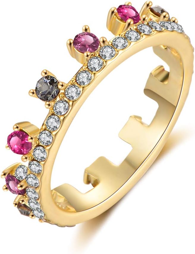 Women's Gold Plated Rainbow Eternity Ring Cubic Zirconia Crown Wedding Band