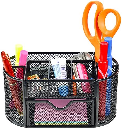 CoFads Desk Organizer Wire Mesh 8 Compartment With Additional Drawer, Office Supplies Caddy, - Bonus Pack Of 100 Sticky Notes Included, Color Black.