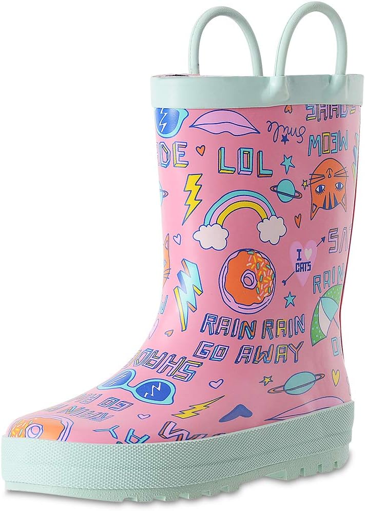 KushyShoo Girls Rain Boots Fun Printed Rubber Boot with Easy-On Handles for Toddler/Little Big Kids