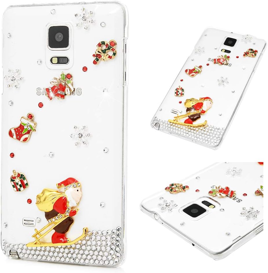 Galaxy Note 4 Christmas Case, MOLLYCOOCLE 3D Handmade Bling Skiing Santa Claus Crystal Rhinestone Diamond Transparent Clear Fashion Shockproof Soft PC Rubber Slim Fit Cover for Samsung Galaxy Note 4