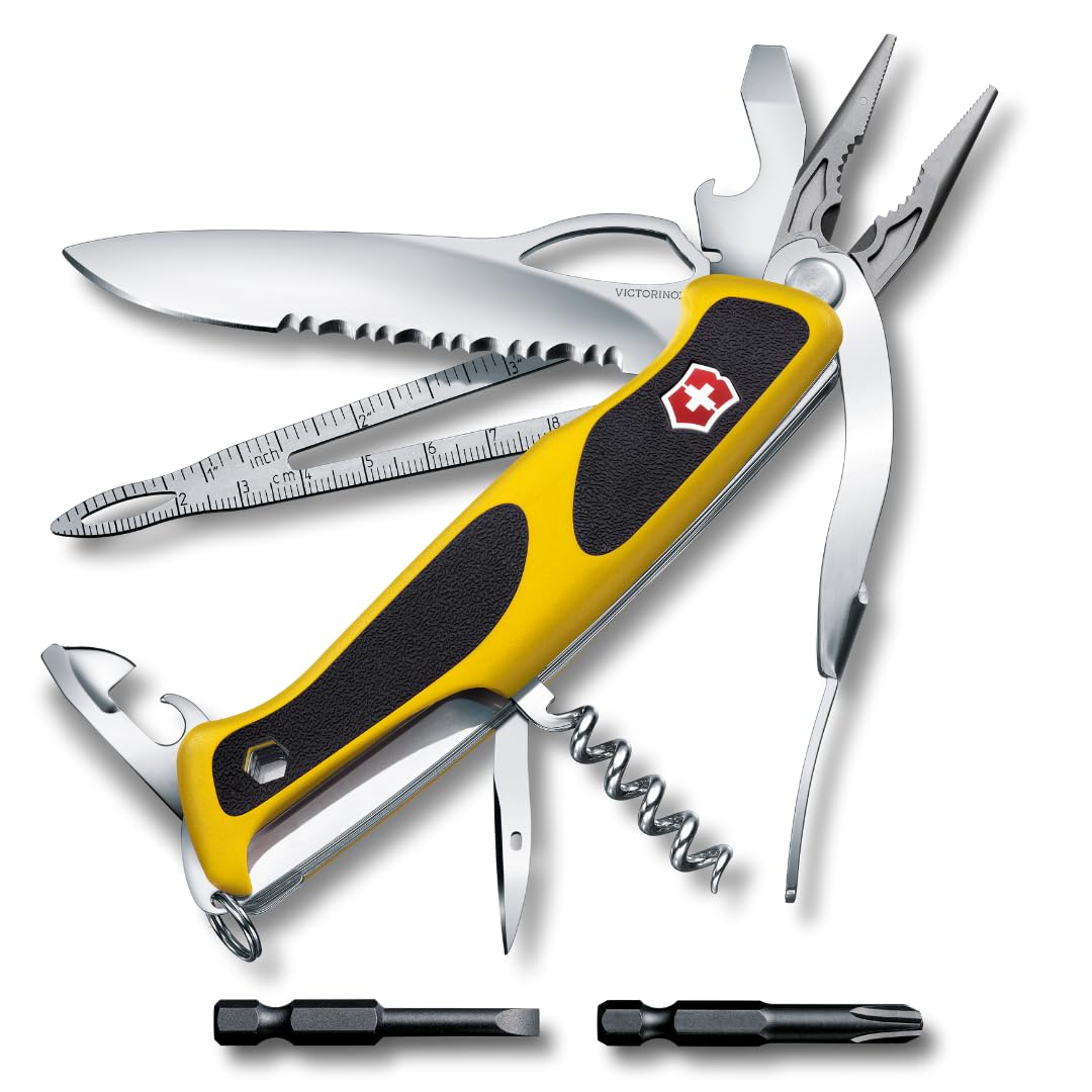 Victorinox Ranger Grip Boatsman Swiss Army Pocket Knife, Large, Multi Tool, 22 Functions, Locking Blade, Case, Yellow/Black