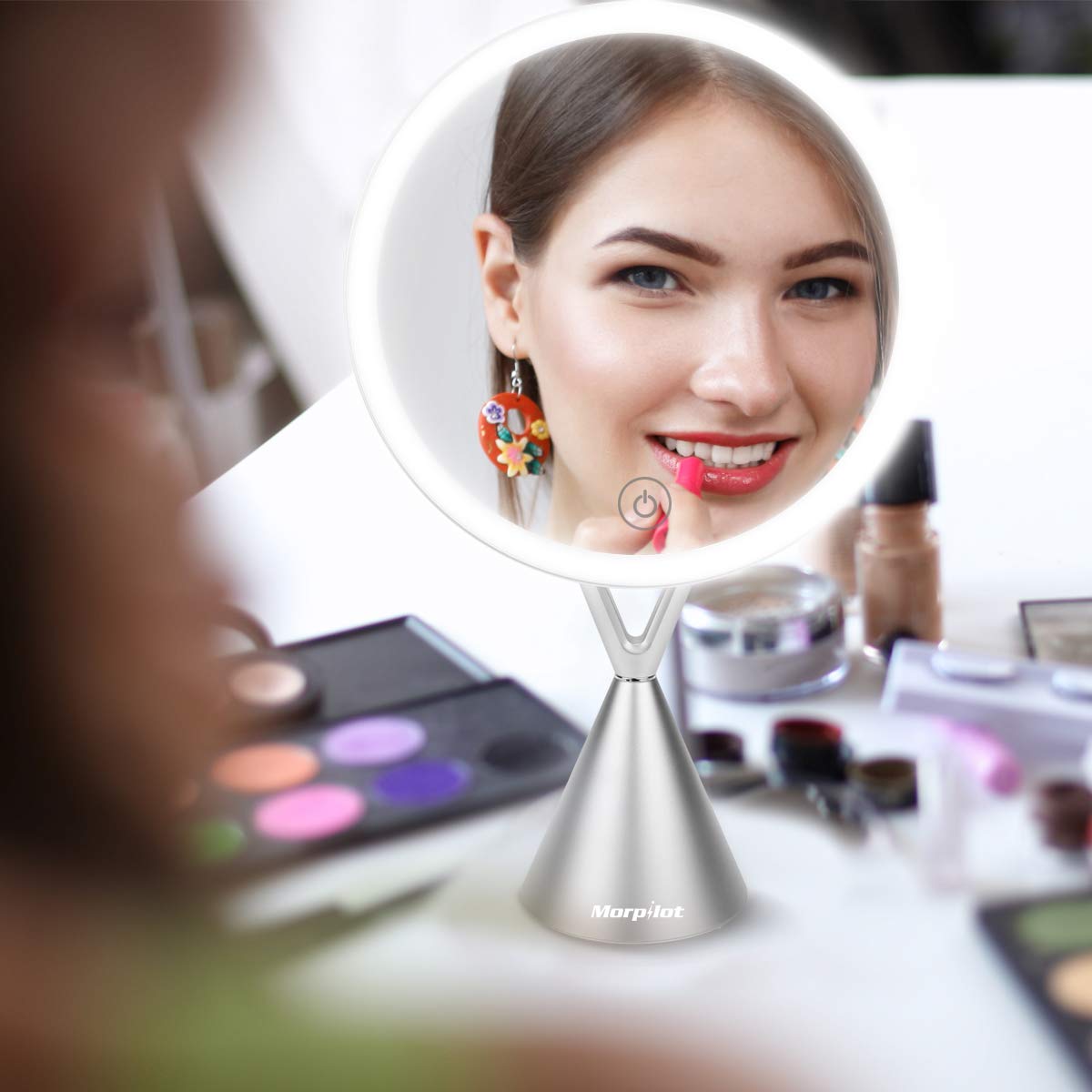 Lighted Makeup Vanity Mirror with 60 LEDs, 1x/5x Magnification, 3 Color Lighting Modes 8\'\' Rechargeable Mirror with Dimmable Touch Screen