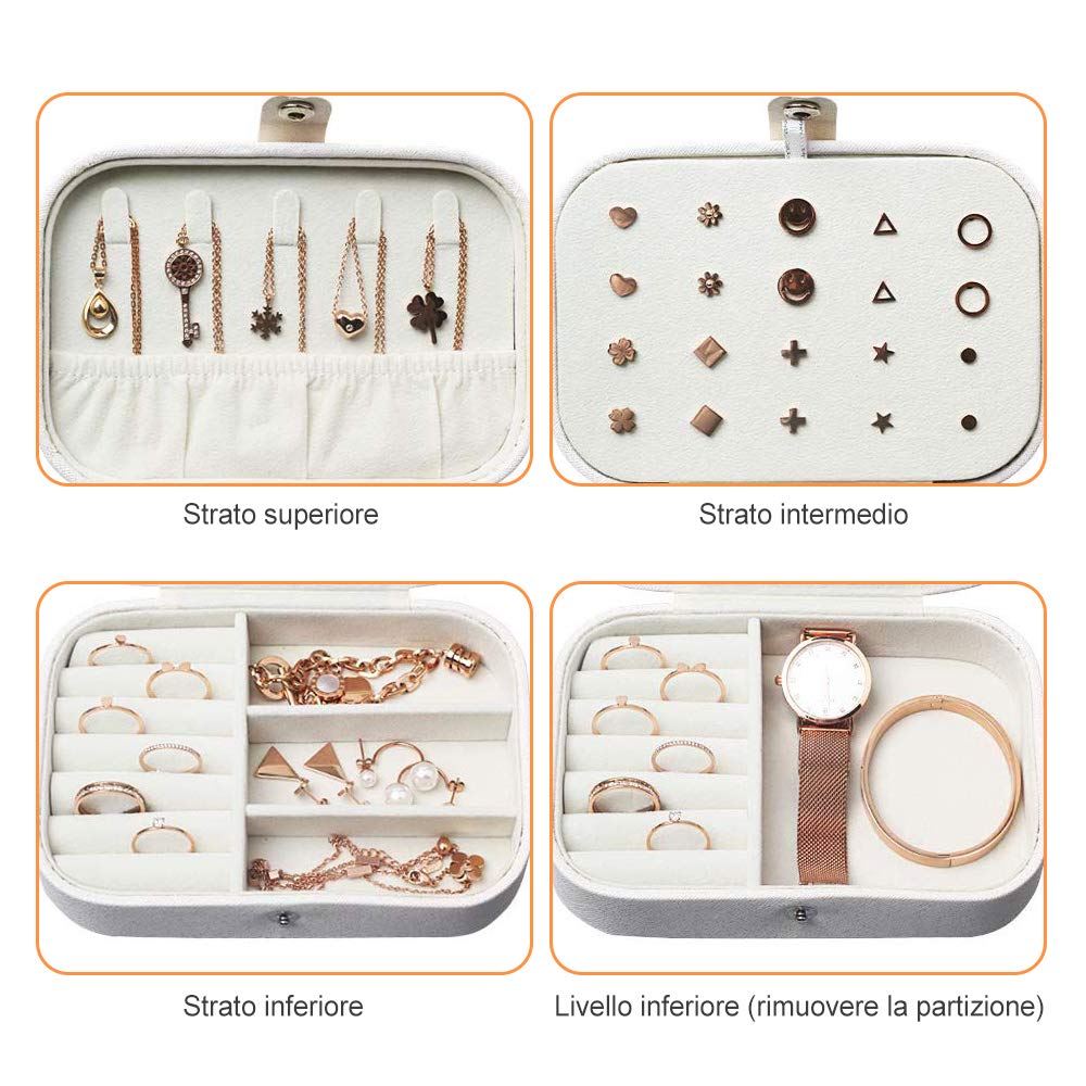 Scatole portagioie Gioielli da Viaggio da Donna Organizzatore Organizzatore Gioielli Scatola immagazzinaggio Piccole Dimensioni Scatola di Gioielli per Anelli Orecchini Collane Bracciali (Bianca)