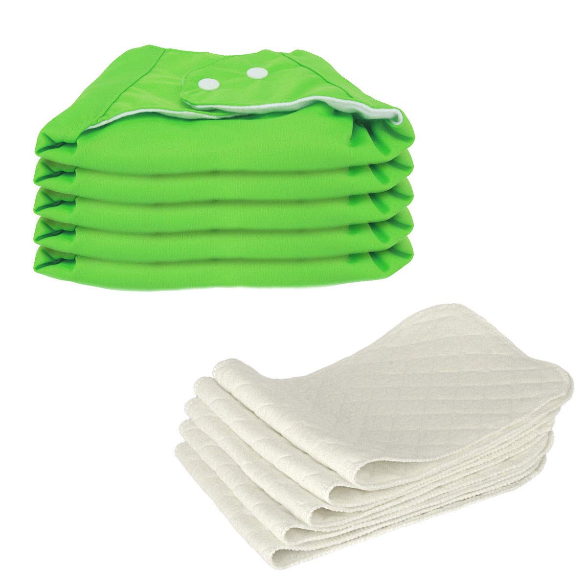 5 PCS+5 INSERTS Cloth Diapers lot Nappies Adjustable Reusable For Baby Newborn (Green)