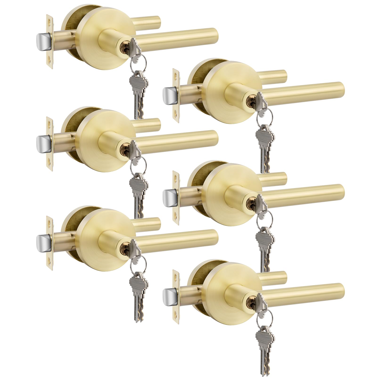 Photo 1 of Goldenwarm Gold Entry Door Handles with Lock and Key, Zinc Alloy Exterior Door Handles, Brushed Gold Keyed Front Door Levers (6 Pack)