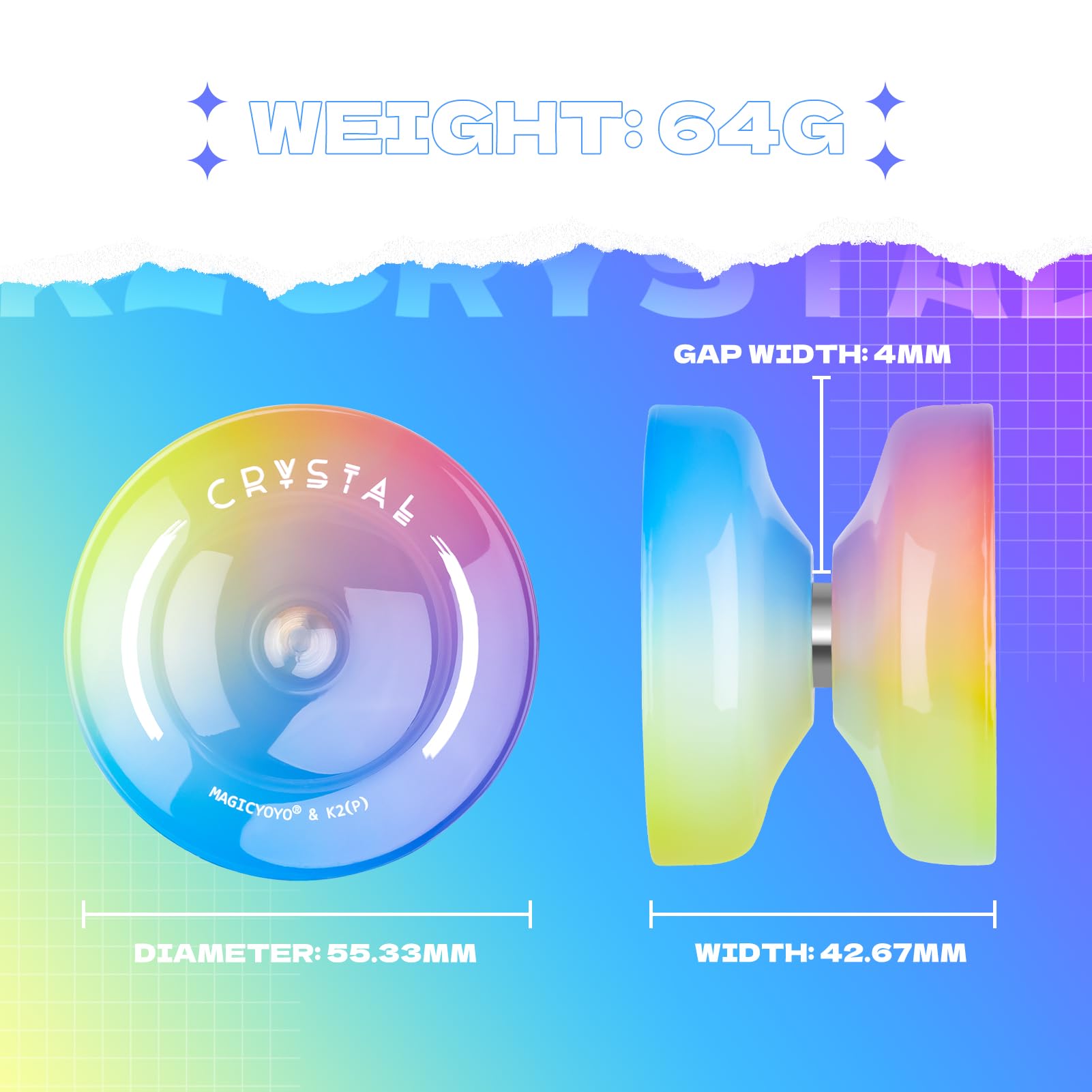 Responsive Yoyo for Kids Beginners, Professional Yo yo Crystal K2, Dual Purpose Yo-Yo for Adults + Extra Unresponsive Yo Yo Bearing + 12 YoYo Strings + Storage Bag ( Yellow Pink Blue Gradient)