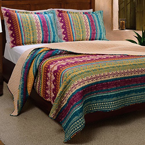 Western Tribal Geometric Chevron Stripe Pattern Print Multicolor Bedding Blue Pink Yellow Luxury Reversible 100 Cotton Quilt Set with Shams Double Full Queen Size - Includes Bed Sheet Straps