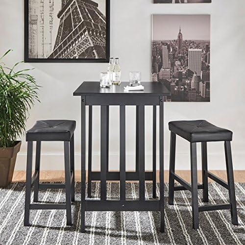 3 Piece Tufted Vinyl Upholstered Saddleback Counter Height Solid Wood Kitchen Dinette Set Includes Our Exclusive Mousepad (Black)