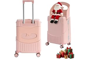 muhub 20'' Luggage with Child Seat, Ride On Suitcase with Shockproof Silent Spinner Wheels, TSA Lock, Carry On Luggage with Foldable Backrest, Bag Hook for Kids.