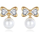 Hypoallergenic Bow Earrings for Women Trendy: 925 Sterling Silver Pearl Earrings White Gold/Gold Cubic Zirconia Earrings Studs for Sensitive Ears Christmas Jewelry